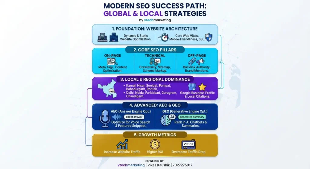Infographic showing modern SEO success path, local optimization, and AEO strategies for vtechmarketing.